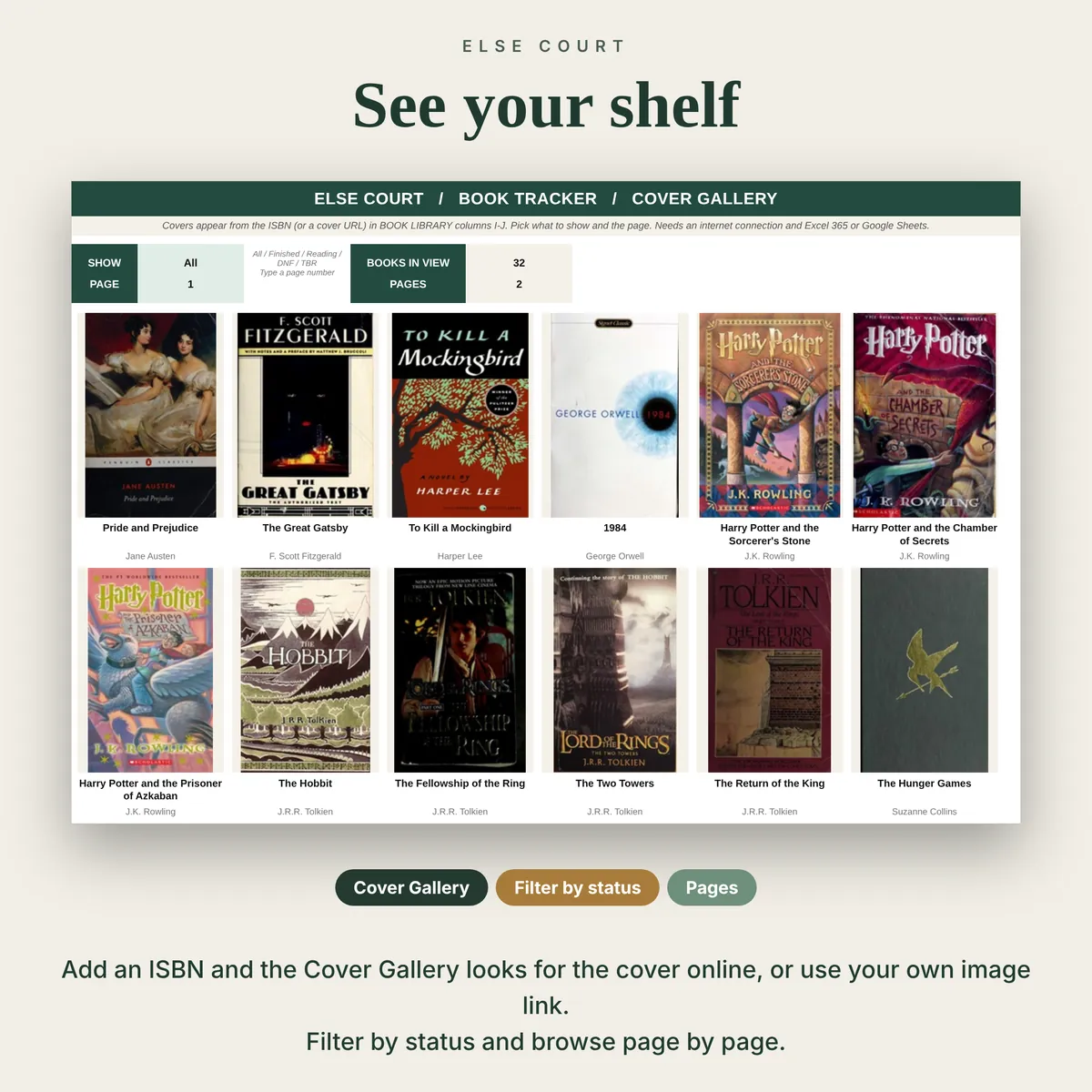 Cover Gallery sheet of the Book Tracker showing book covers in a grid with titles and authors, plus controls to filter by status and choose the page.