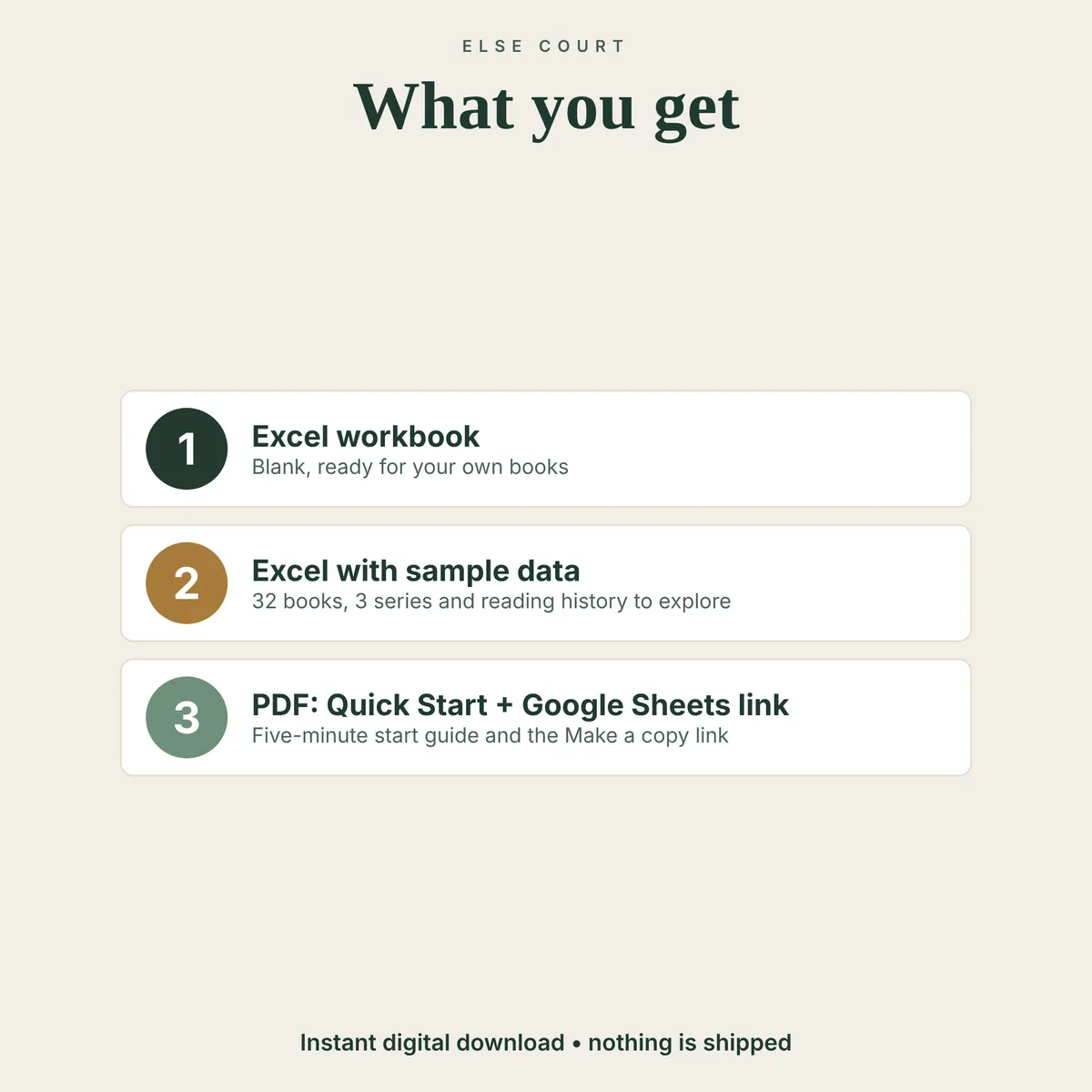 Three files included in the download: a blank Excel workbook, an Excel example file with sample data, and a PDF with a Quick Start Guide and a Make a copy link for Google Sheets.