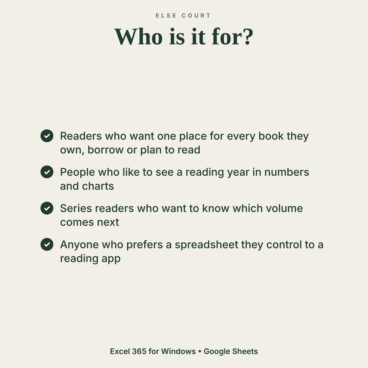 Who the Book Tracker is for: readers who want one place for every book, people who like their reading year in numbers and charts, series readers and anyone who prefers a spreadsheet they control.
