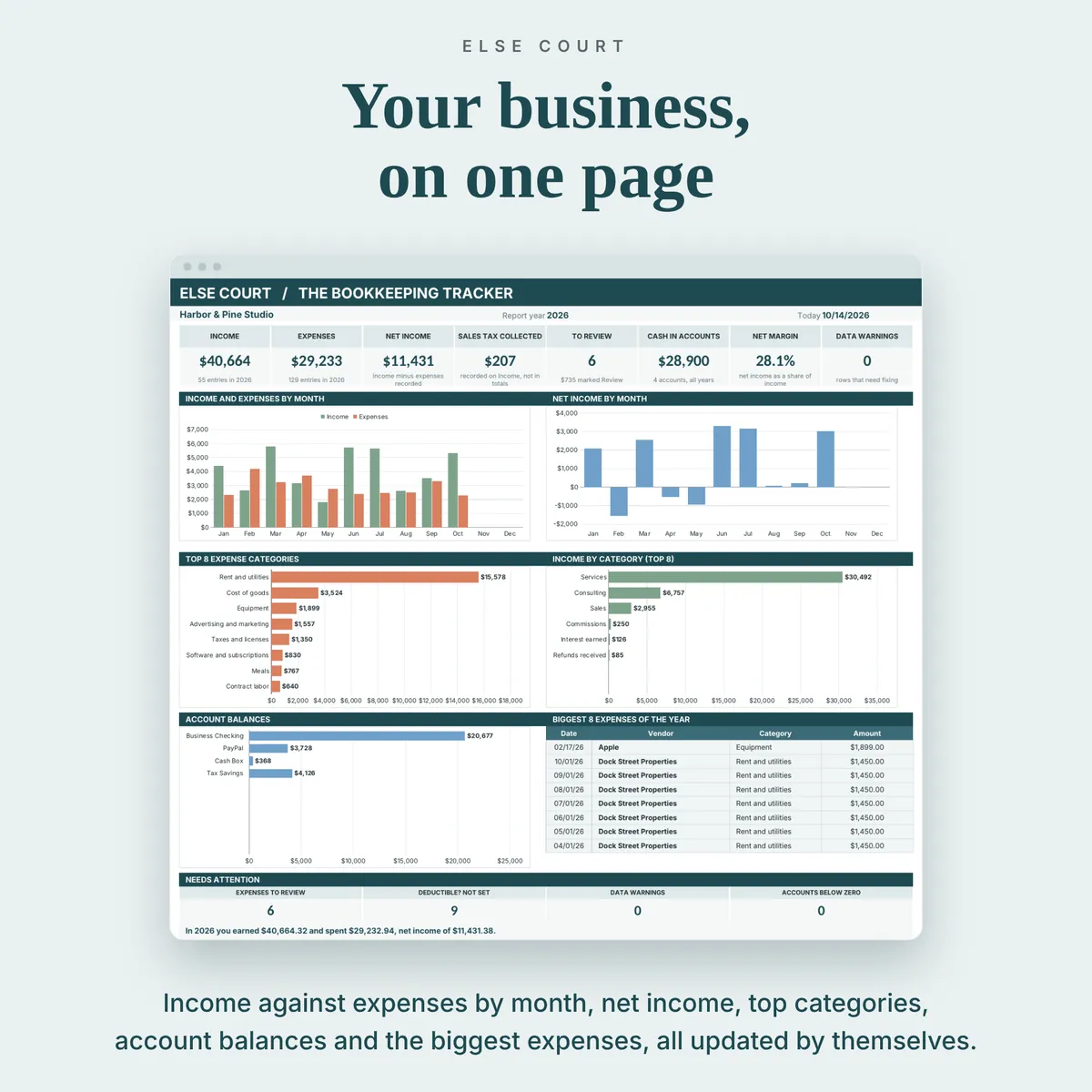 Bookkeeping dashboard with 8 summary tiles and charts for income against expenses by month, net income by month, the top 8 expense categories, income by category, account balances and a table of the 8 biggest expenses, plus a needs-attention panel.