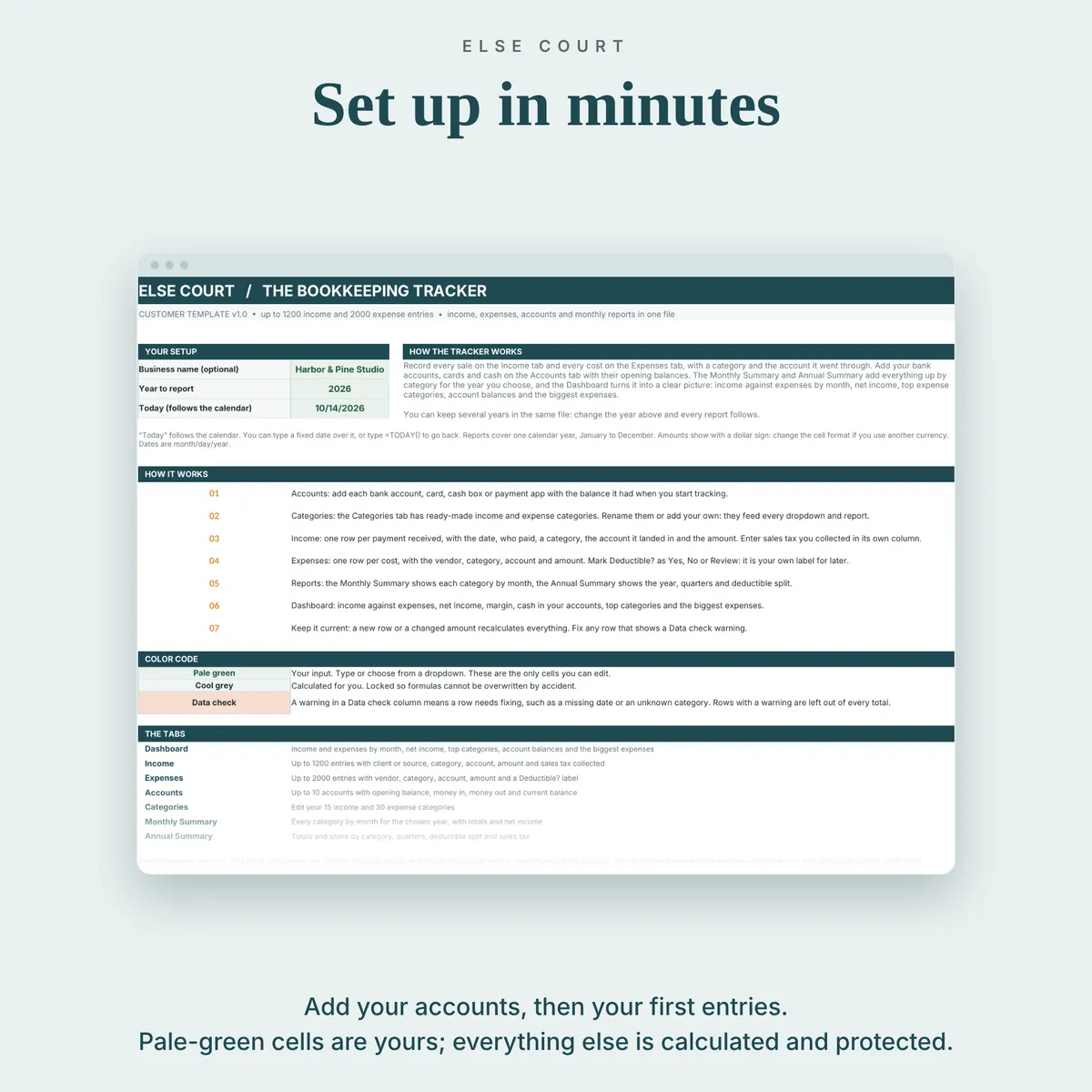Start Here tab with business name, year to report, today's date, a short explanation of how the tracker works, seven setup steps, a color code and a list of the tabs.