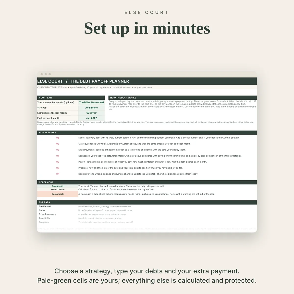 Start Here tab with strategy dropdown, extra monthly payment and first payment month, a short explanation of how the payoff plan works, seven setup steps, a color code and a list of the tabs.