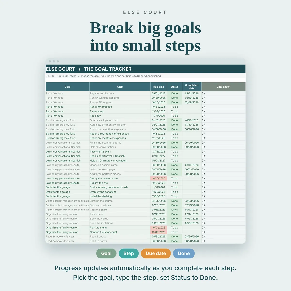 Steps tab where every goal is broken into small steps: choose the goal, type the step, add a due date and set the status to Done. Progress updates automatically as each step is completed.