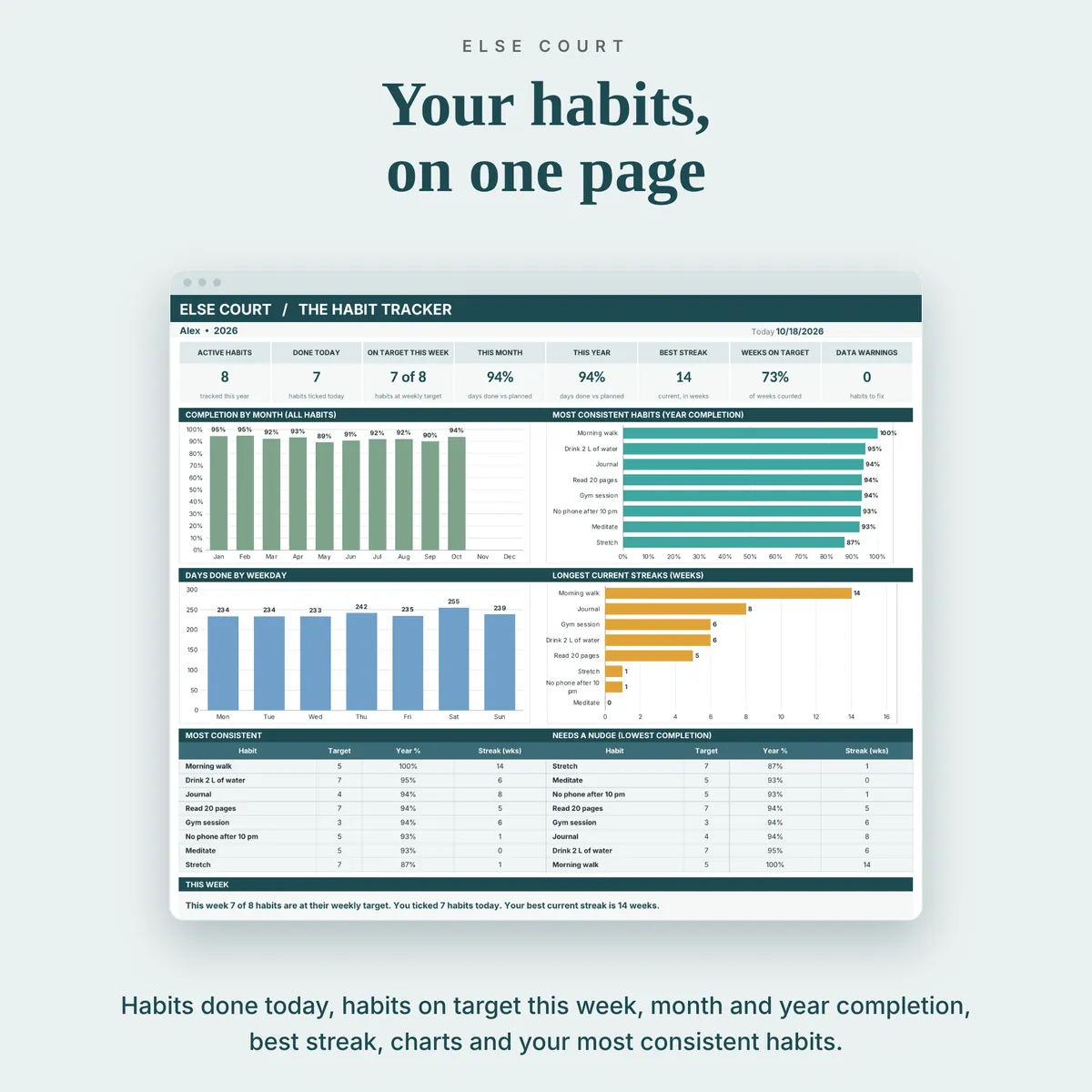 Habit dashboard with 8 summary tiles (active habits, done today, on target this week, this month, this year, best streak, weeks on target and data warnings), charts by month, habit, weekday and streak, and two ranked tables.
