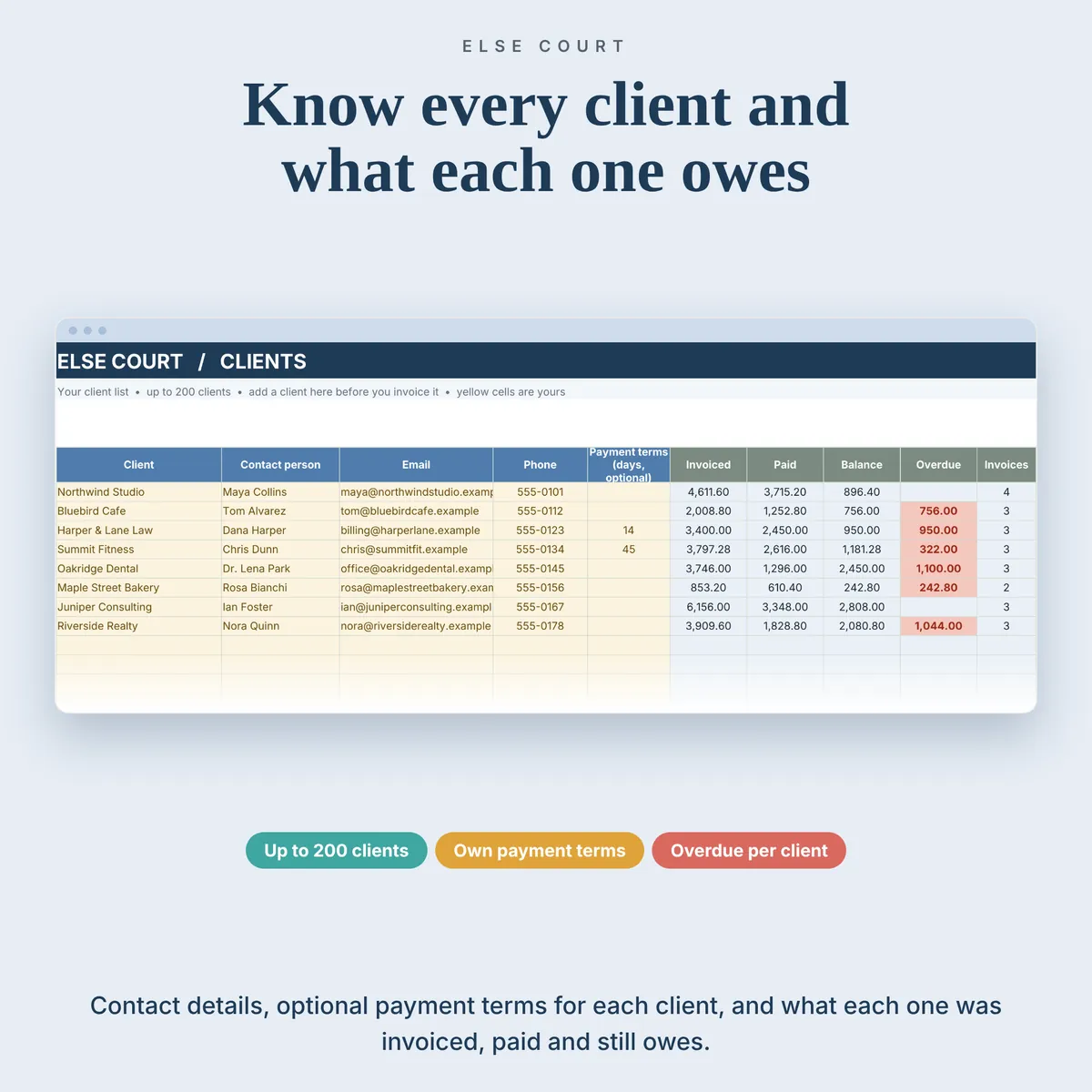 Clients tab: client name, contact person, email, phone, address, optional payment terms in days, and what each client was invoiced, paid, still owes and has overdue. A dropdown of these clients is used on the Invoices tab. Room for 200 clients.