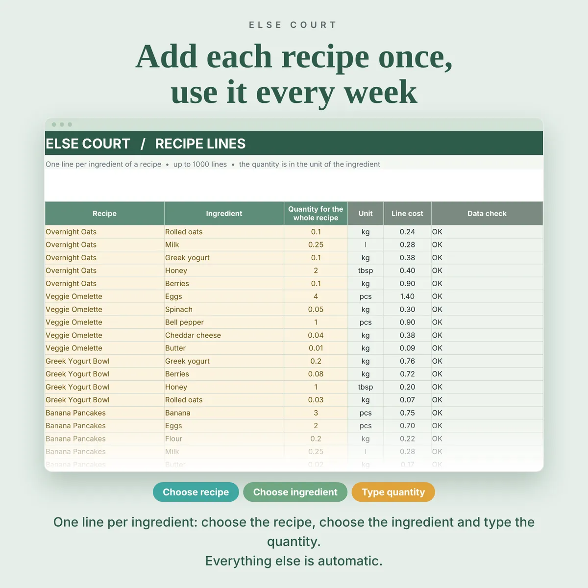 Recipe Lines tab: one line per ingredient. Choose the recipe, choose the ingredient, type the quantity for the whole recipe. The unit, the line cost and a data check are filled in for you. Room for 1,000 lines, sortable and filterable.