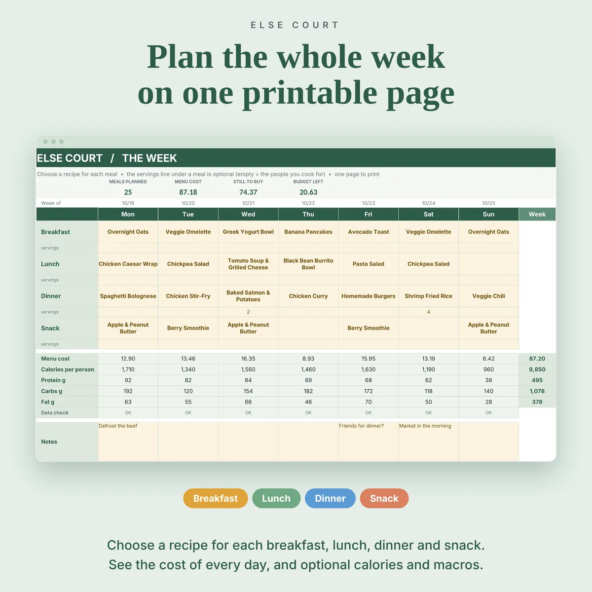 Week tab: a printable menu for seven days with breakfast, lunch, dinner and snack. Choose a recipe for each meal, set the servings, and see the cost of every day plus optional calories, protein, carbs and fat per person, and a notes row.