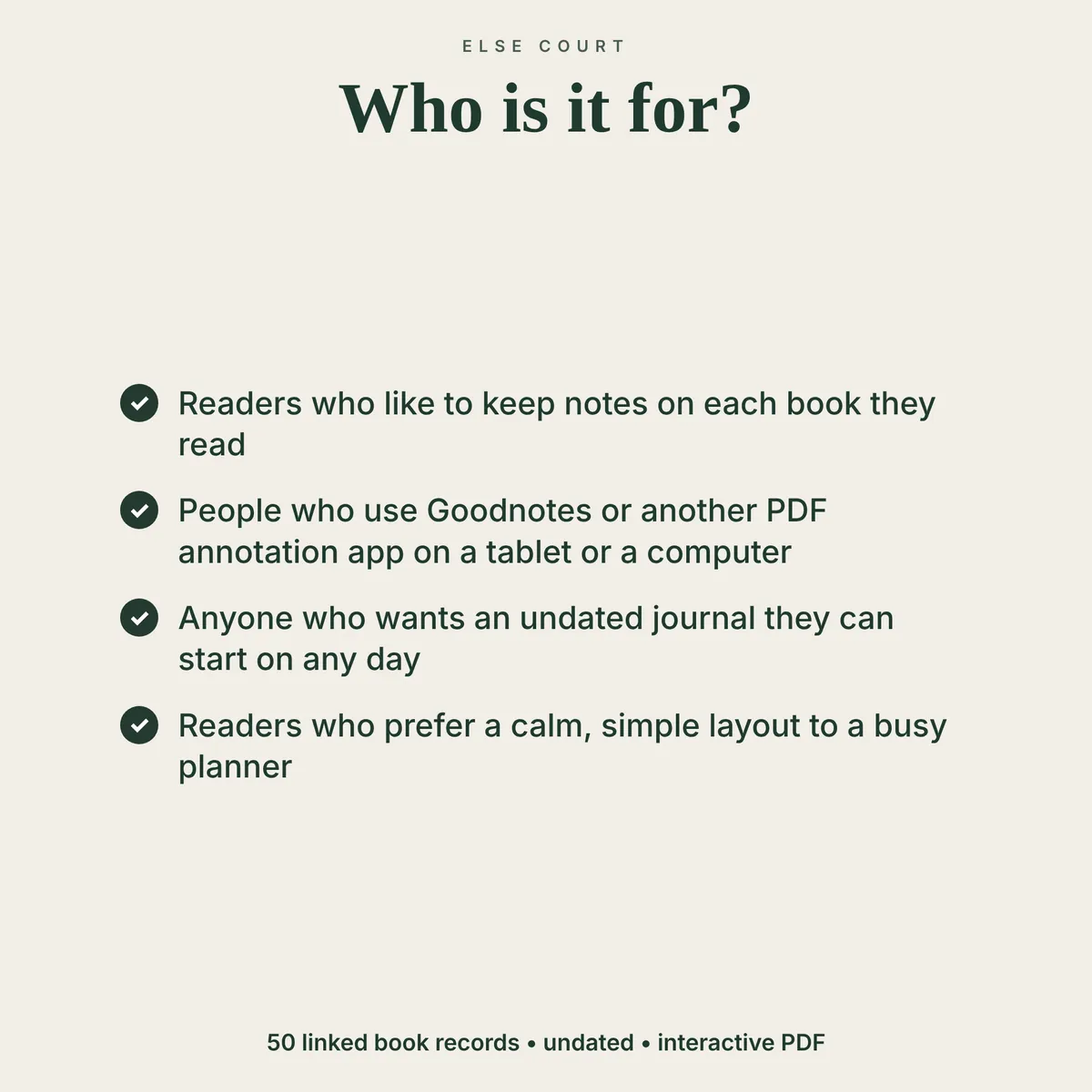 Who the reading journal is for: readers who like to keep notes on each book, people who use Goodnotes or another PDF annotation app on a tablet or computer, anyone who wants an undated journal to start on any day, and readers who prefer a calm, simple layout to a busy planner.