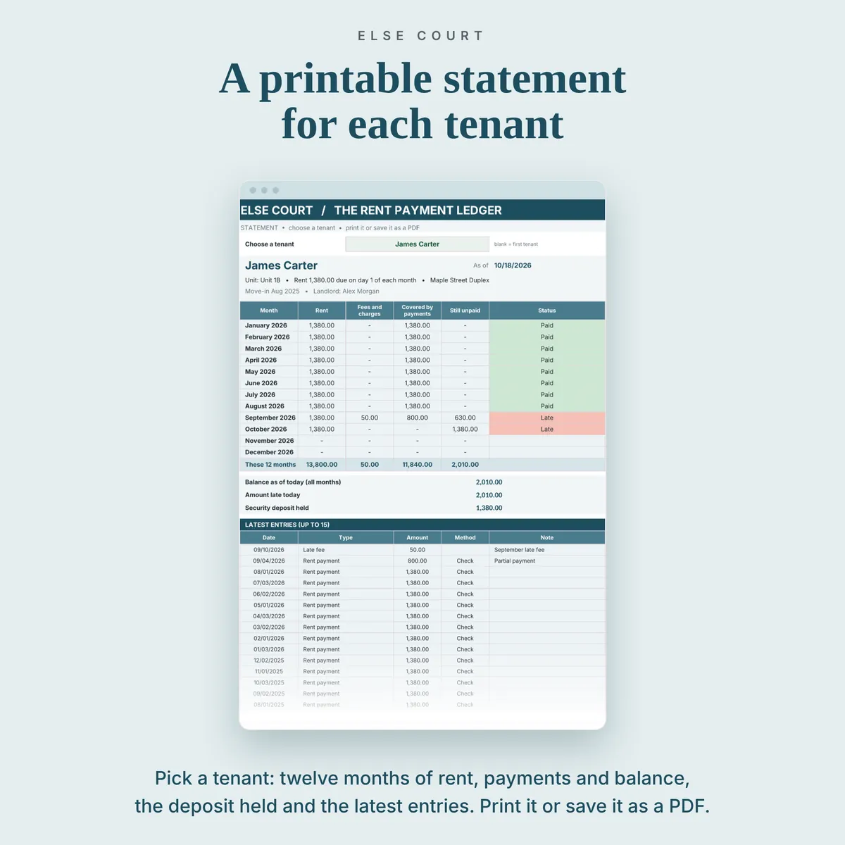 Printable tenant statement with monthly rent, payments and balance