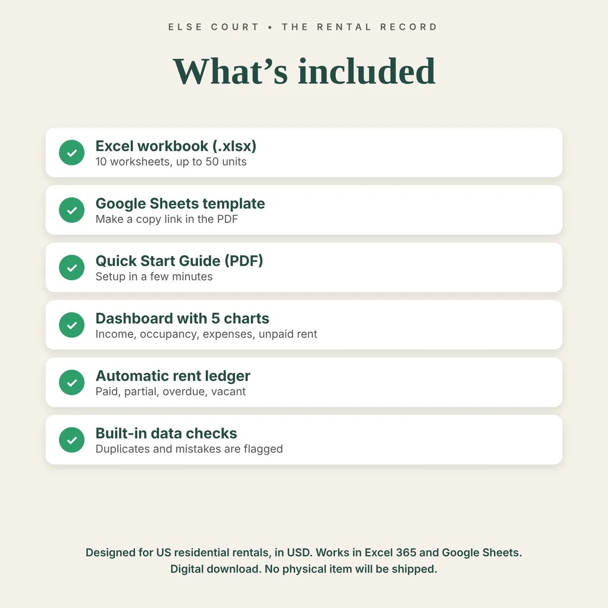 What is included with the rental property spreadsheet: the Excel workbook, the Google Sheets link and a quick start guide.