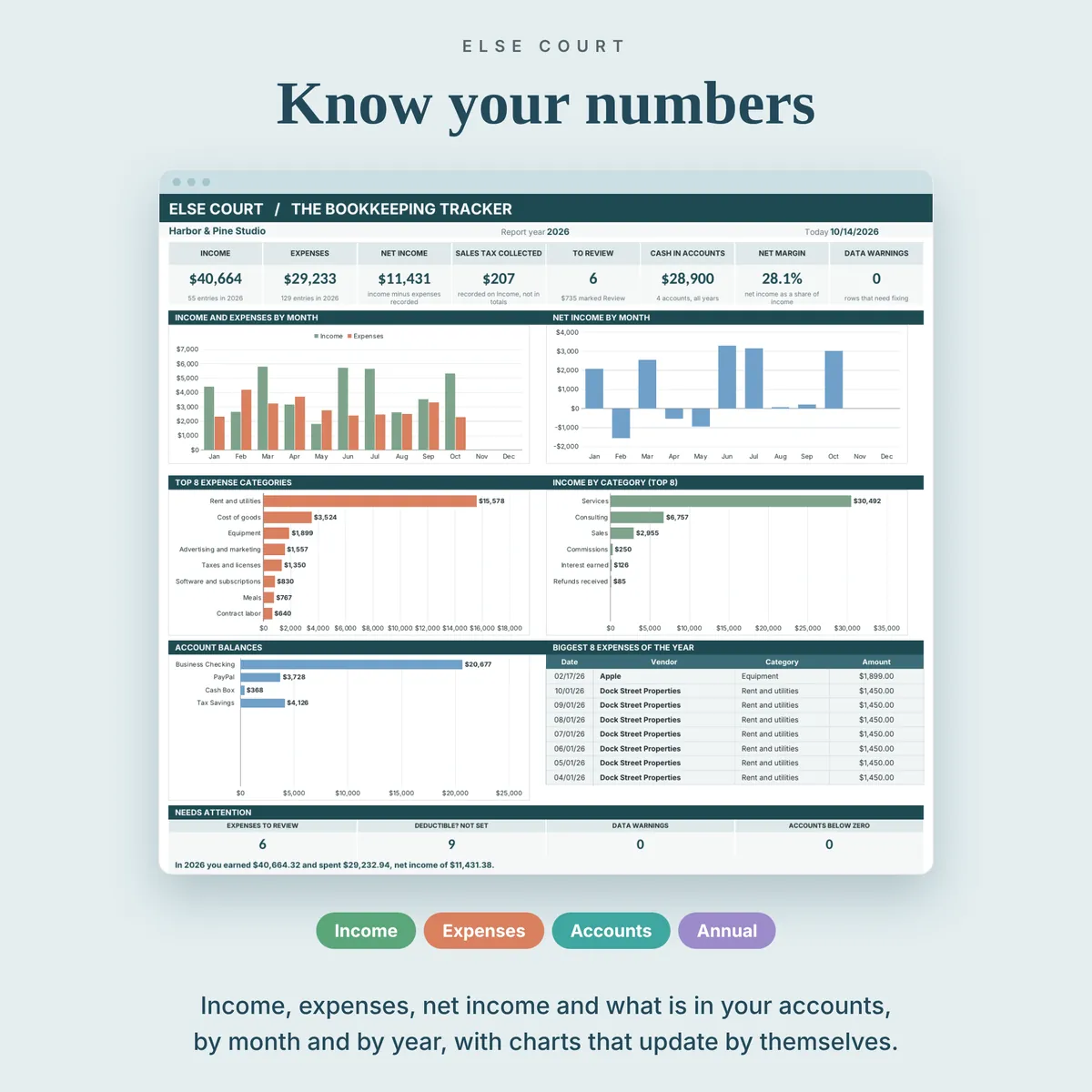 Bookkeeping Tracker dashboard: income, expenses, net income, cash in accounts, income and expenses by month, top expense categories and account balances, with charts that update from the entries you type.