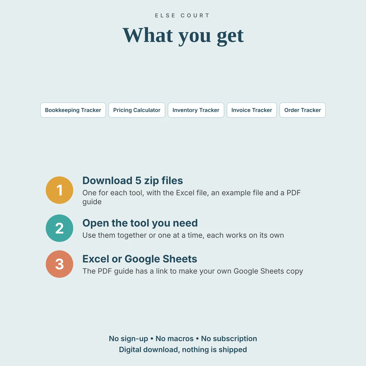 What you get: 5 zip files, one for each tool, each with the Excel file, an example file with sample data and a PDF quick start guide with a Google Sheets Make a Copy link. No sign-up, no macros, no subscription. Digital download.