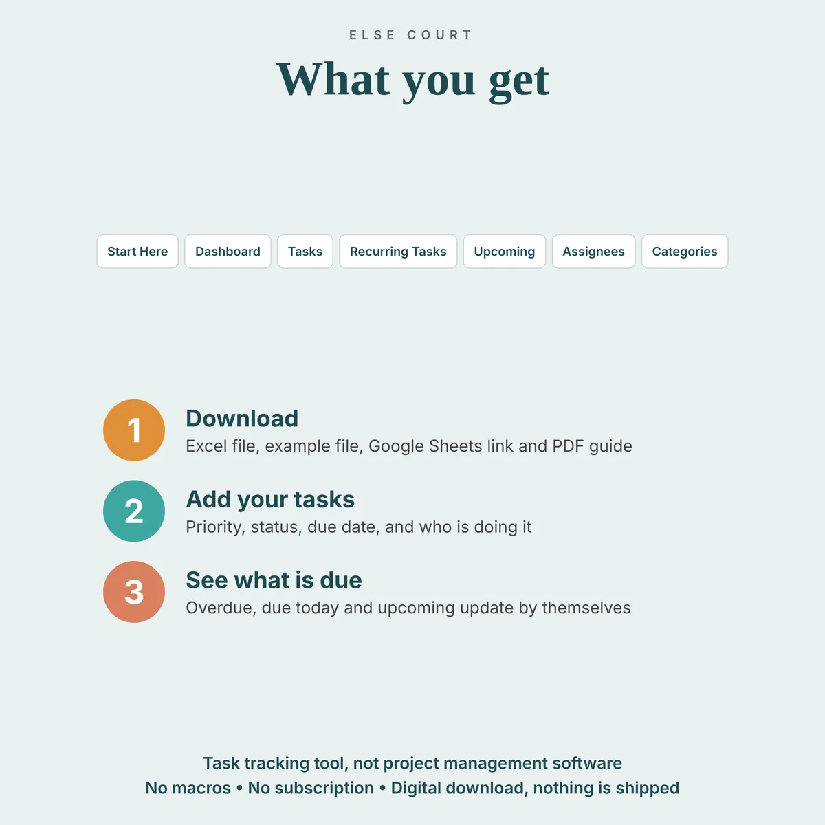 List of the 7 tabs included in The Task Tracker and three steps: download, add your tasks, then read what is due. Task tracking helper, no macros, no subscription, digital download.