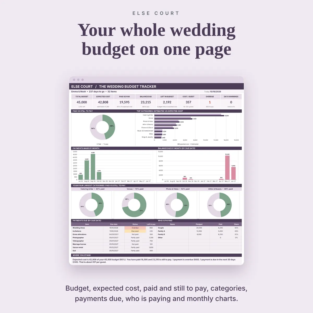 Wedding budget dashboard with 8 summary tiles (total budget, expected cost, paid, balance due, left in budget, cost per guest, overdue and data warnings), a paid versus still to pay ring, top categories and monthly charts.
