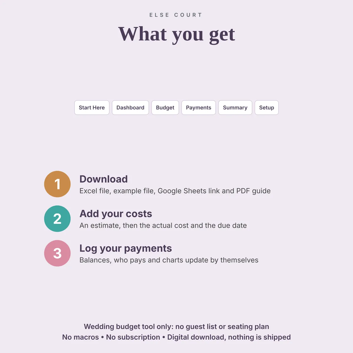 List of the 6 tabs included in the Wedding Budget Tracker and three steps: download, add your costs, then log your payments. Wedding budget tool only, no guest list or seating plan. No macros, digital download.