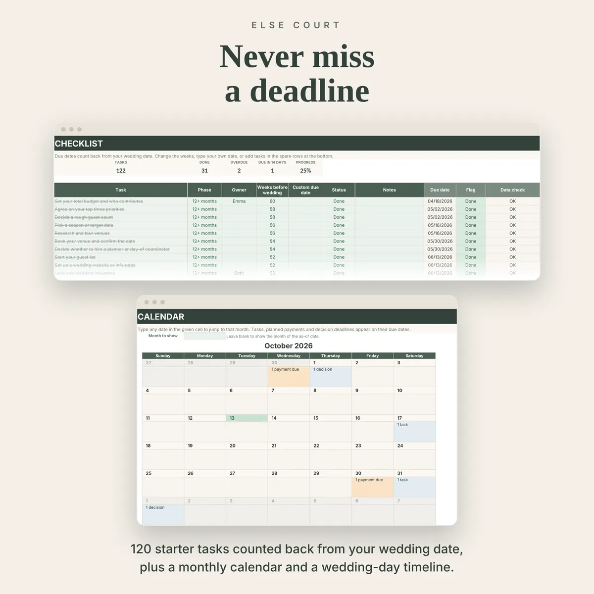 Checklist tab with starter tasks, phases, weeks before the wedding, status and due dates, above a monthly Calendar showing tasks, payments due and decisions on their dates.