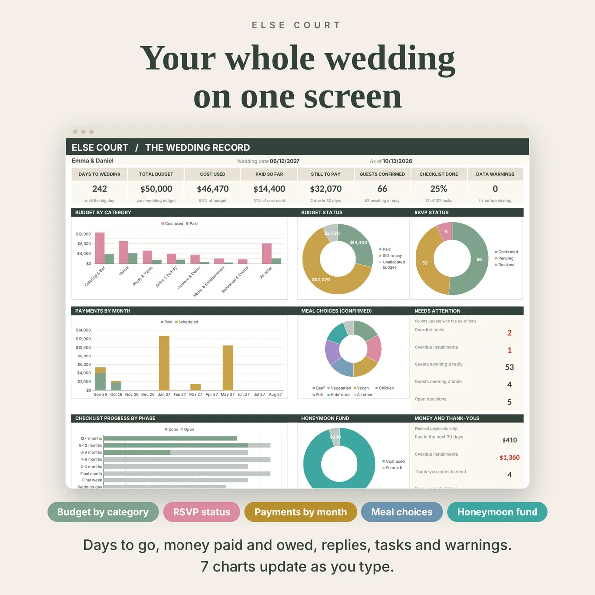 Wedding Record dashboard with 8 summary tiles and 7 charts: budget by category, budget status, RSVP status, payments by month, meal choices, checklist progress by phase and honeymoon fund, plus a Needs Attention panel with overdue tasks and installments.