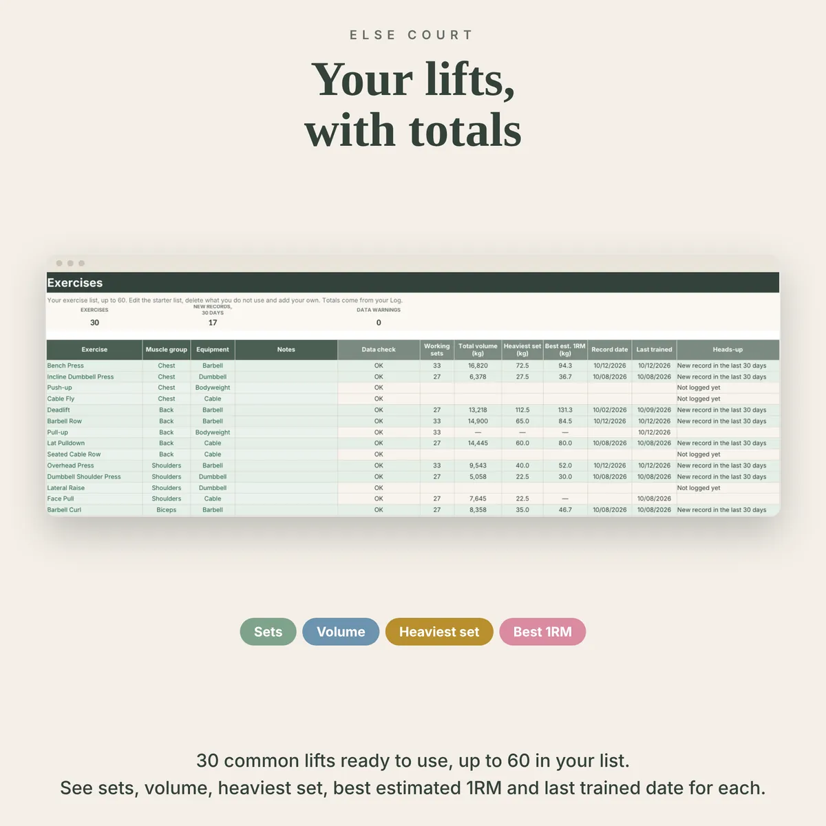 Exercises tab with 30 common lifts by muscle group and equipment, showing working sets, total volume, heaviest set, best estimated 1RM, record date, last trained date and a heads-up such as new record or not logged yet.