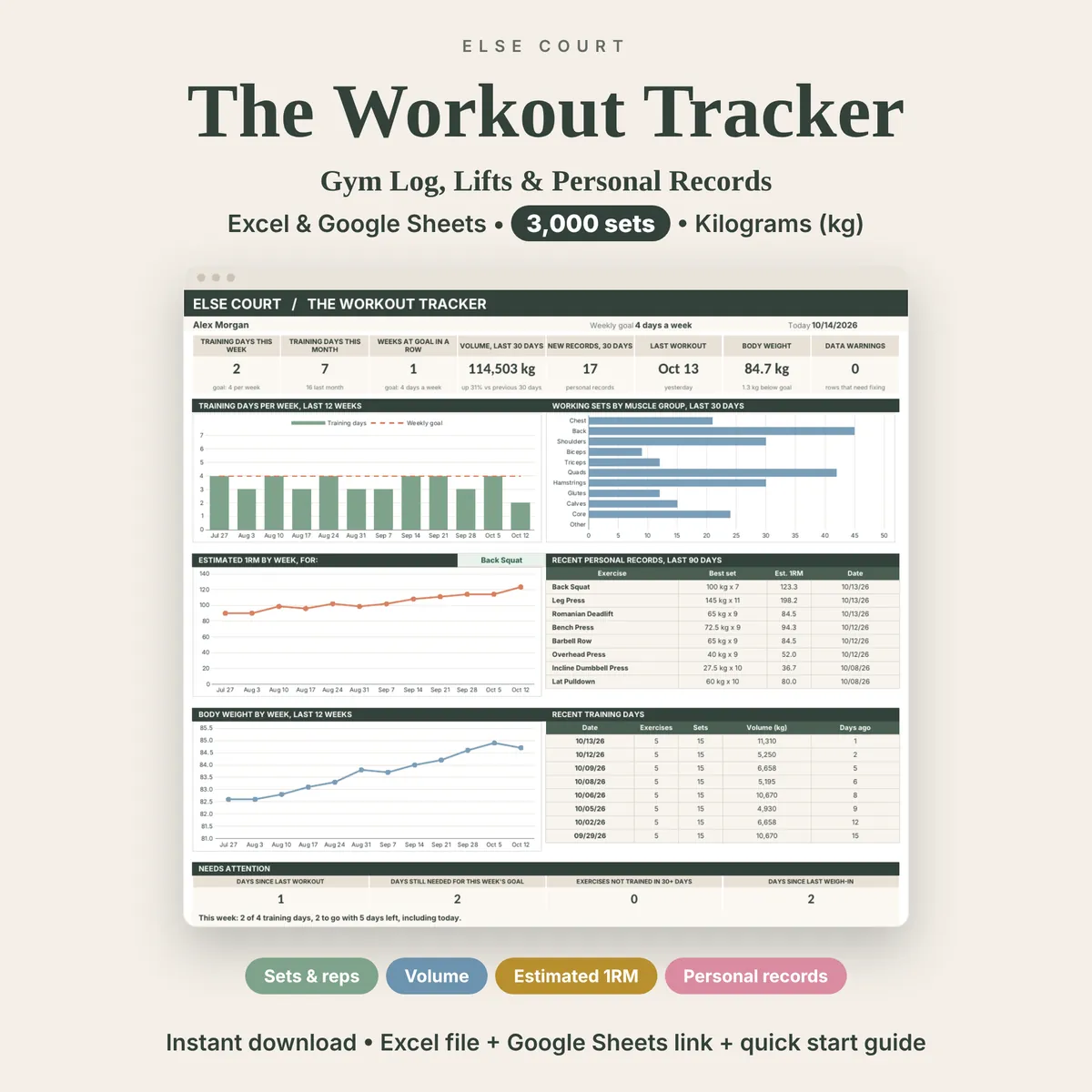 The Workout Tracker spreadsheet for Excel and Google Sheets, a gym log with room for 3,000 sets. A dashboard preview shows training days, volume, new records, last workout and body weight, with charts of training days per week, sets by muscle group, estimated 1RM and body weight.