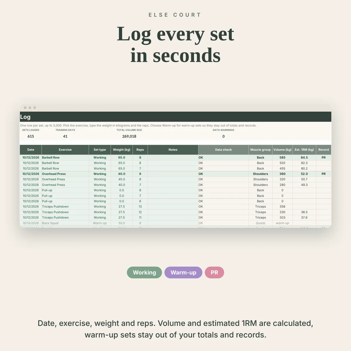 Log tab listing sets with date, exercise, set type, weight in kilograms, reps, notes, data check, muscle group, volume and estimated 1RM. Working sets, grey italic warm-up sets and rows marked PR are visible, with totals for sets logged, training days and volume.